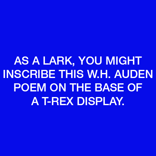 As a lark, you might inscribe this W.H. Auden poem on a T-Rex display.